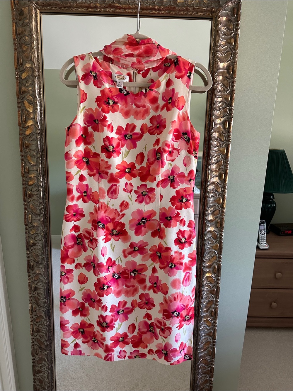 Vintage Silk Talbot Bright Floral Sleeveless Shift Dress with Silk Scarf